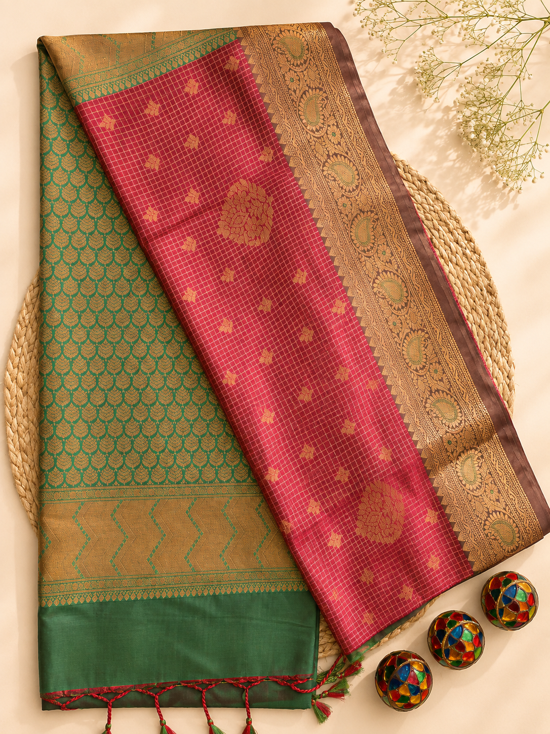 Kanjivaram Soft Silks - Small Checks + Butti