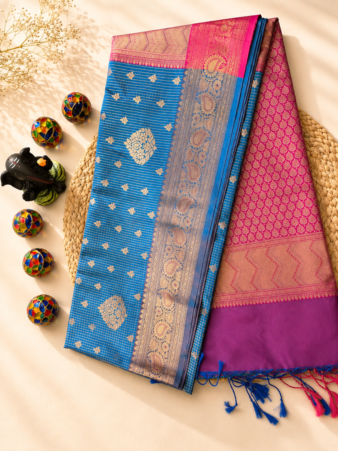 Kanjivaram Soft Silks - Small Checks + Butti