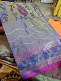 Pochampally Soft Silk - Grey Saffron Pallu